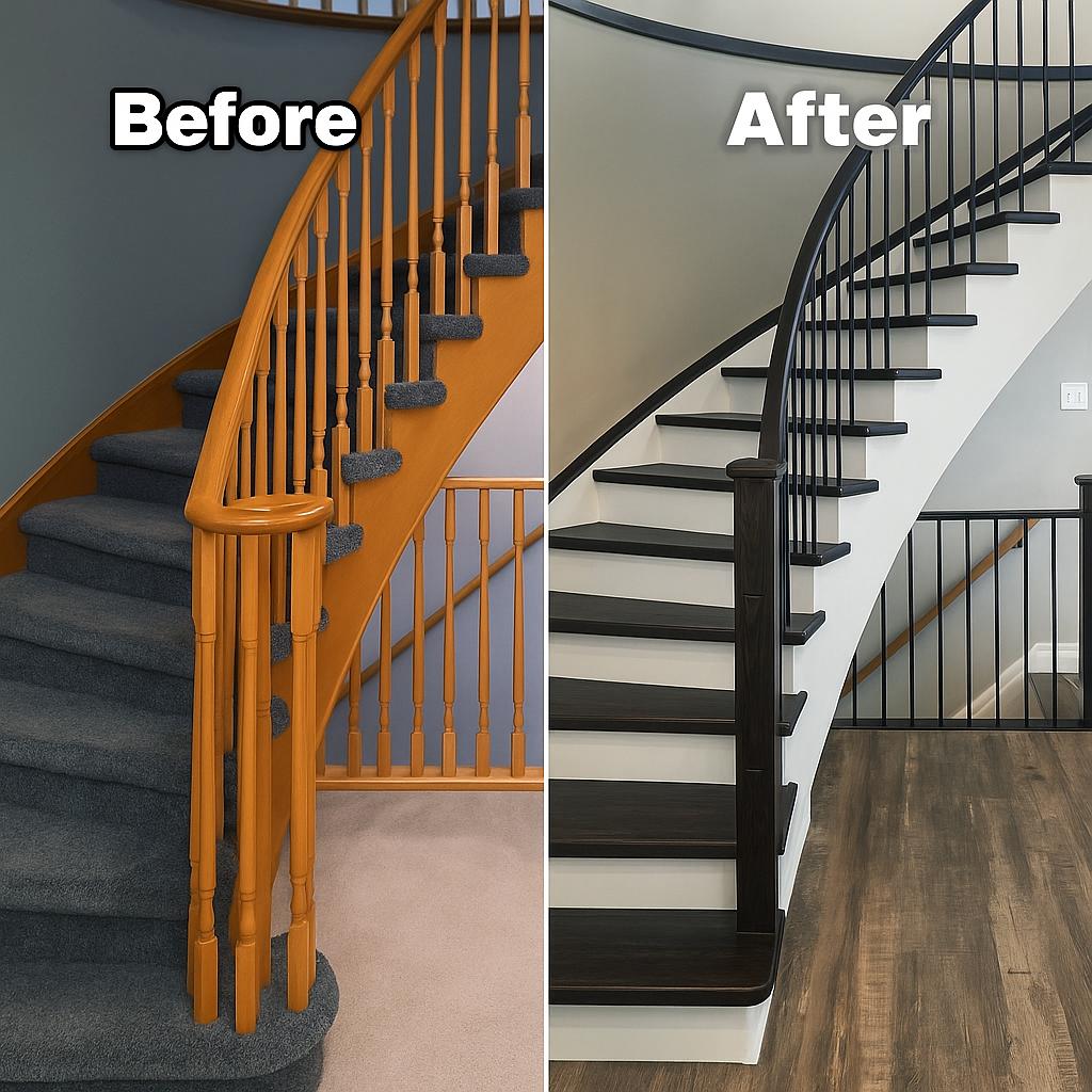 Staircase Transformation - From Honey Oak to Modern Black and White